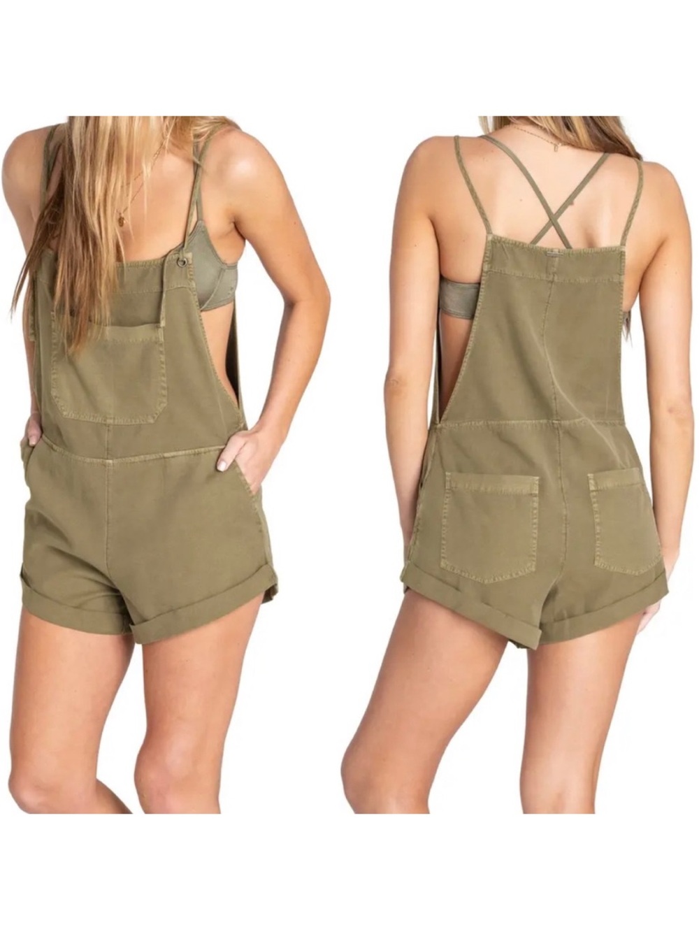 Billabong Olive Green Linen-Style Shortalls